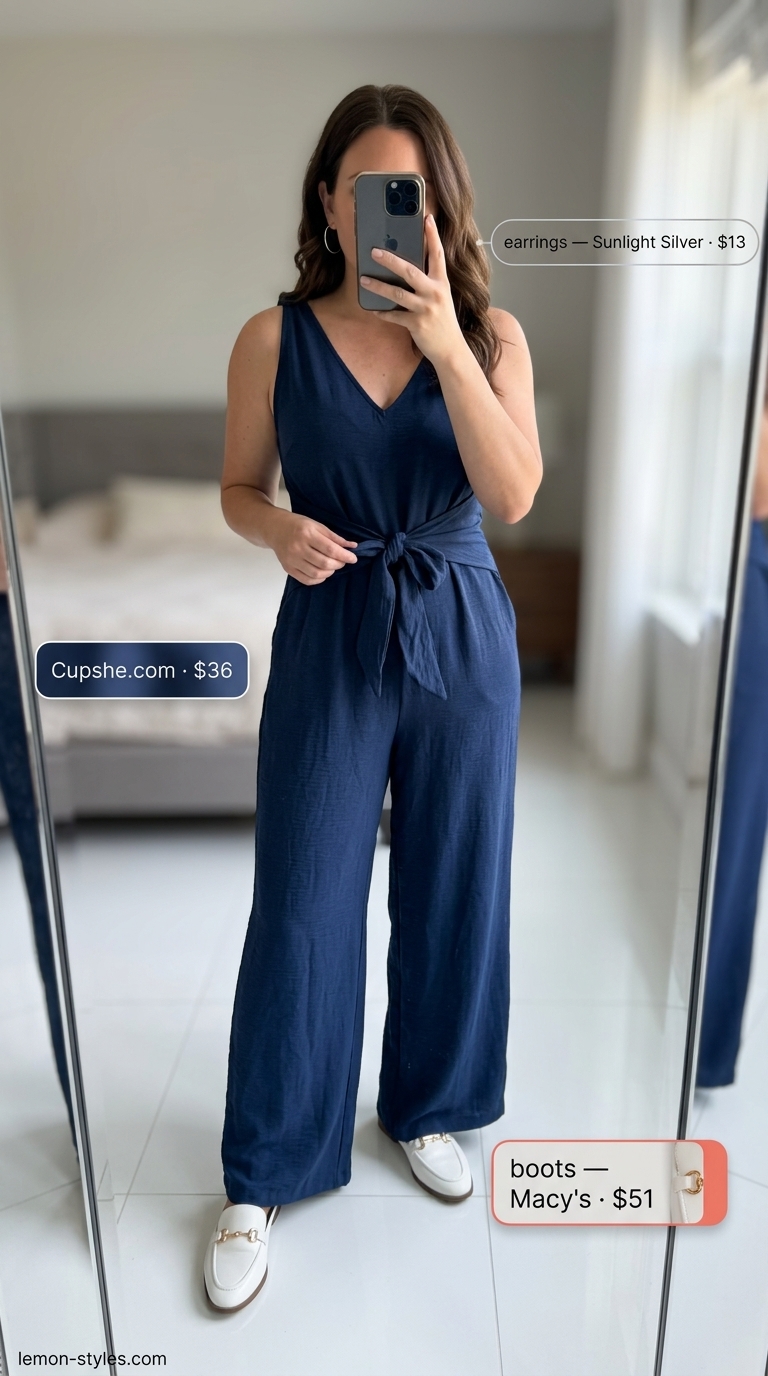 Confident midsize outfits summer 2026: Navy wide-leg jumpsuit, white mules for city sightseeing.