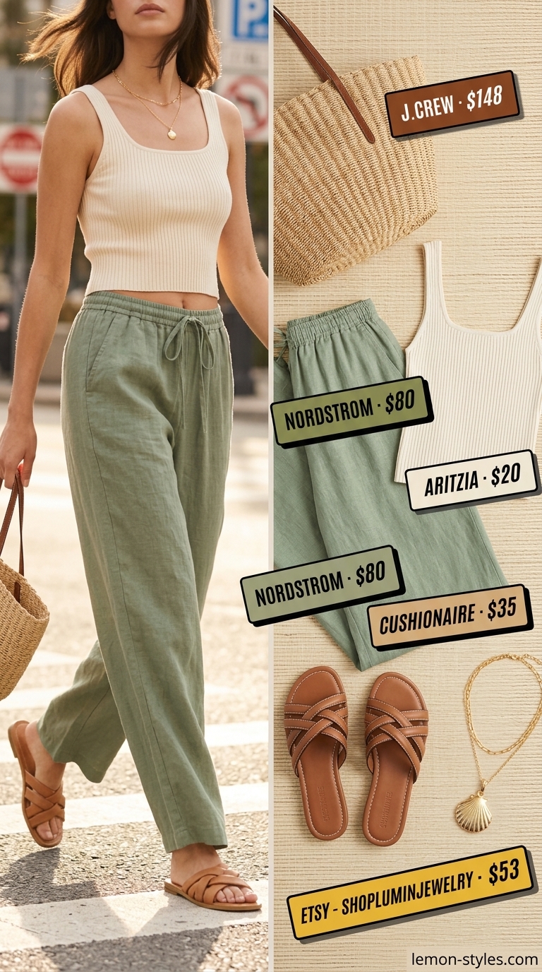 Confident midsize outfits summer 2026: Sage green linen pants, cream tank, tan slides for coastal getaway.