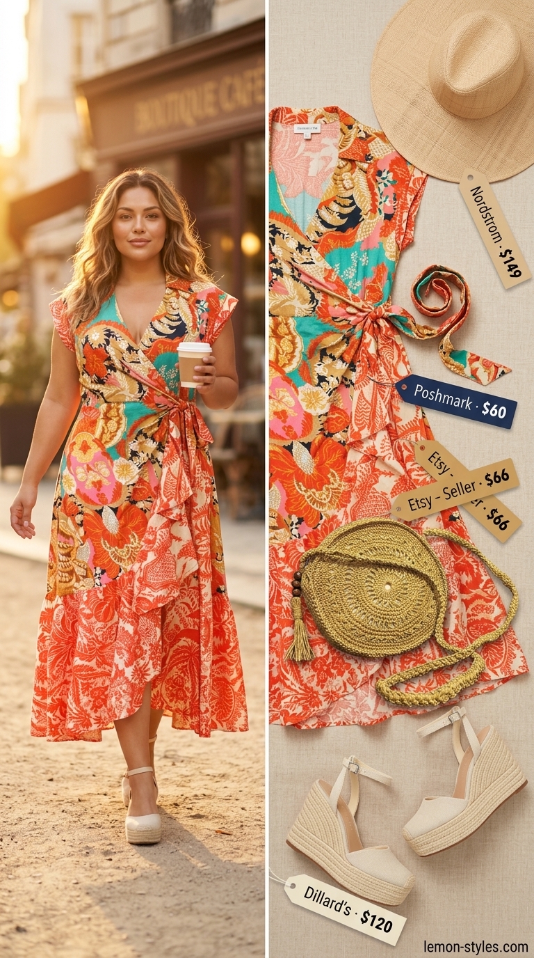 Confident midsize outfits summer 2026: Coral/teal maxi dress, espadrille wedges for resort dinner.
