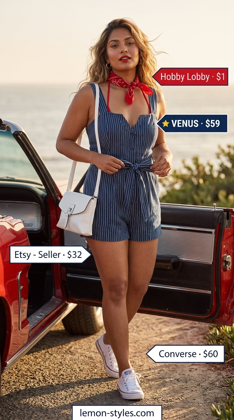 Confident midsize outfits summer 2026: Navy stripe linen romper, white sneakers, red bandana for a nautical Riviera look.