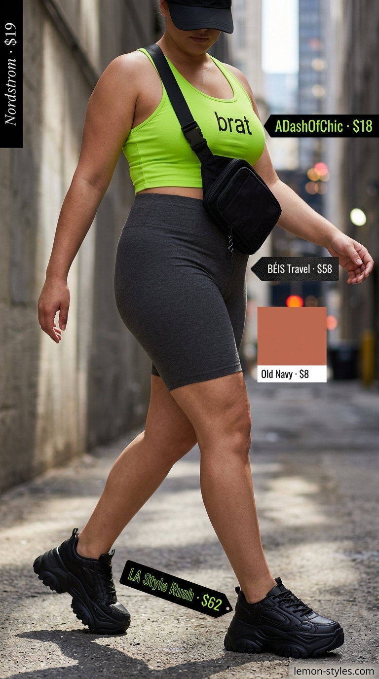 Confident midsize outfits summer 2026: Neon green crop top, charcoal biker shorts, platform sneakers for edgy style.