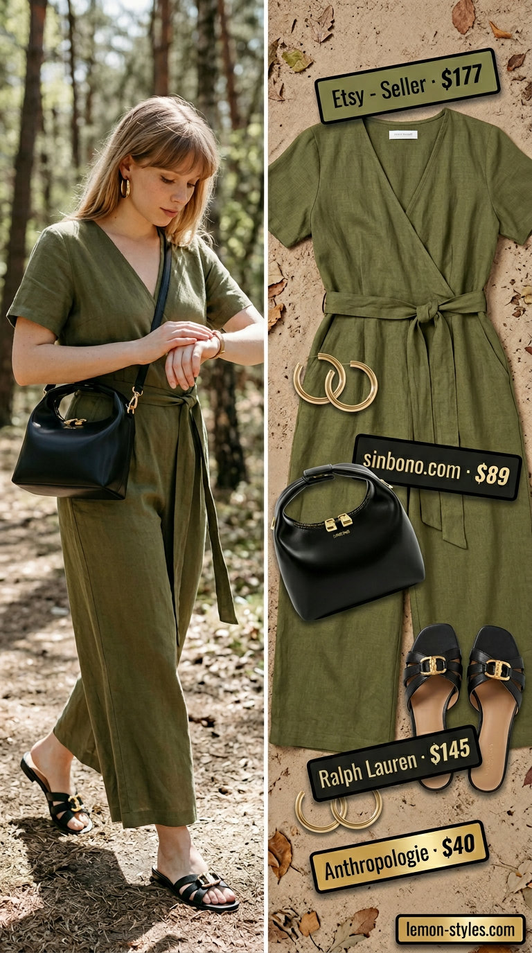 Confident midsize outfits summer 2026: Khaki green wide-leg jumpsuit, black slides, gold hoops for a safari chic vibe.