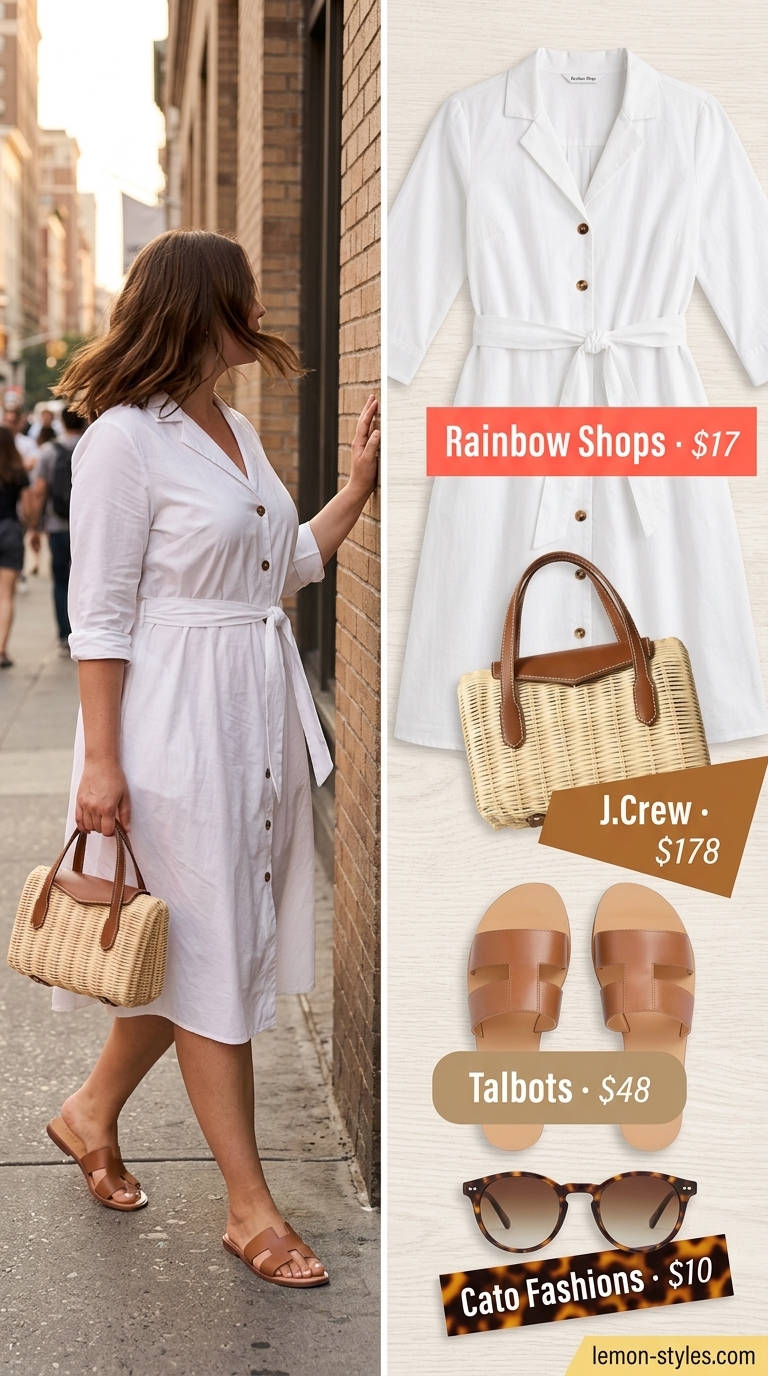 Confident midsize outfits summer 2026: White shirt dress, tan sandals, rattan bag for smart casual.