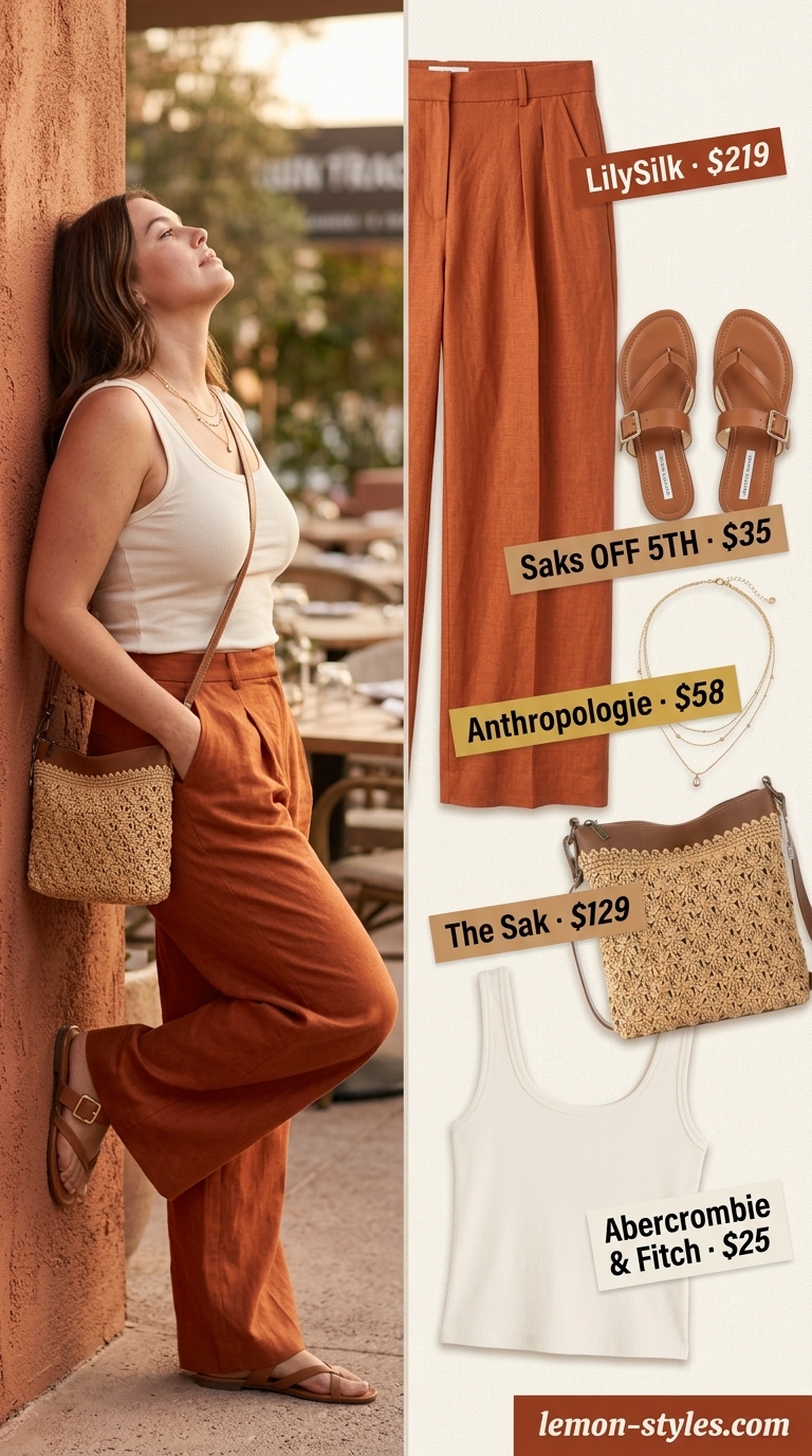 Confident midsize outfits summer 2026: Terracotta linen pants, cream knit top, tan slides for resort wear.