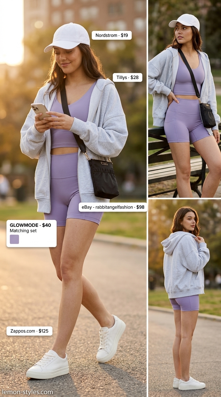 Lilac athleisure set for women 2026: Biker shorts, crop top, sneakers, cap, crossbody bag. Sporty chic look.