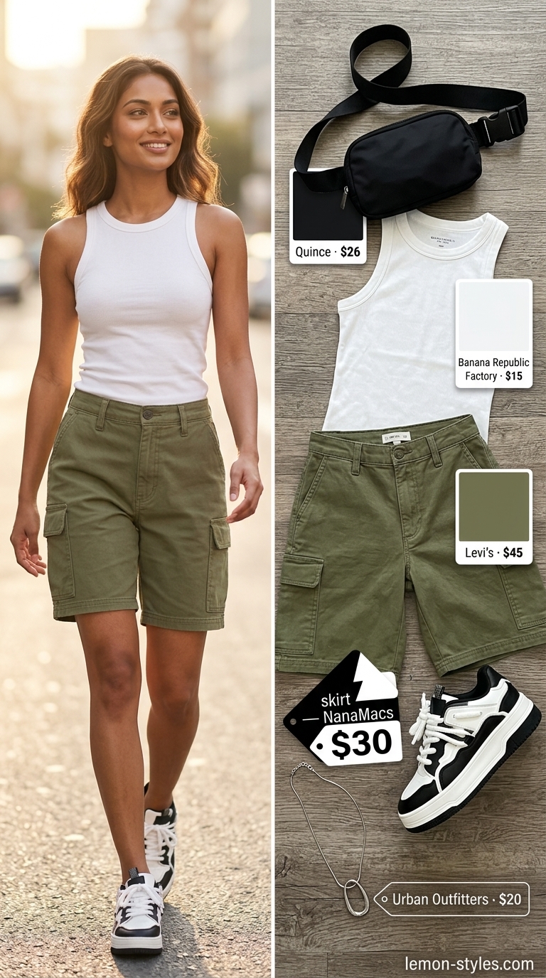 Olive green cargo shorts outfit for women 2026: Ribbed tank, platform sneakers, belt bag, chain necklace.