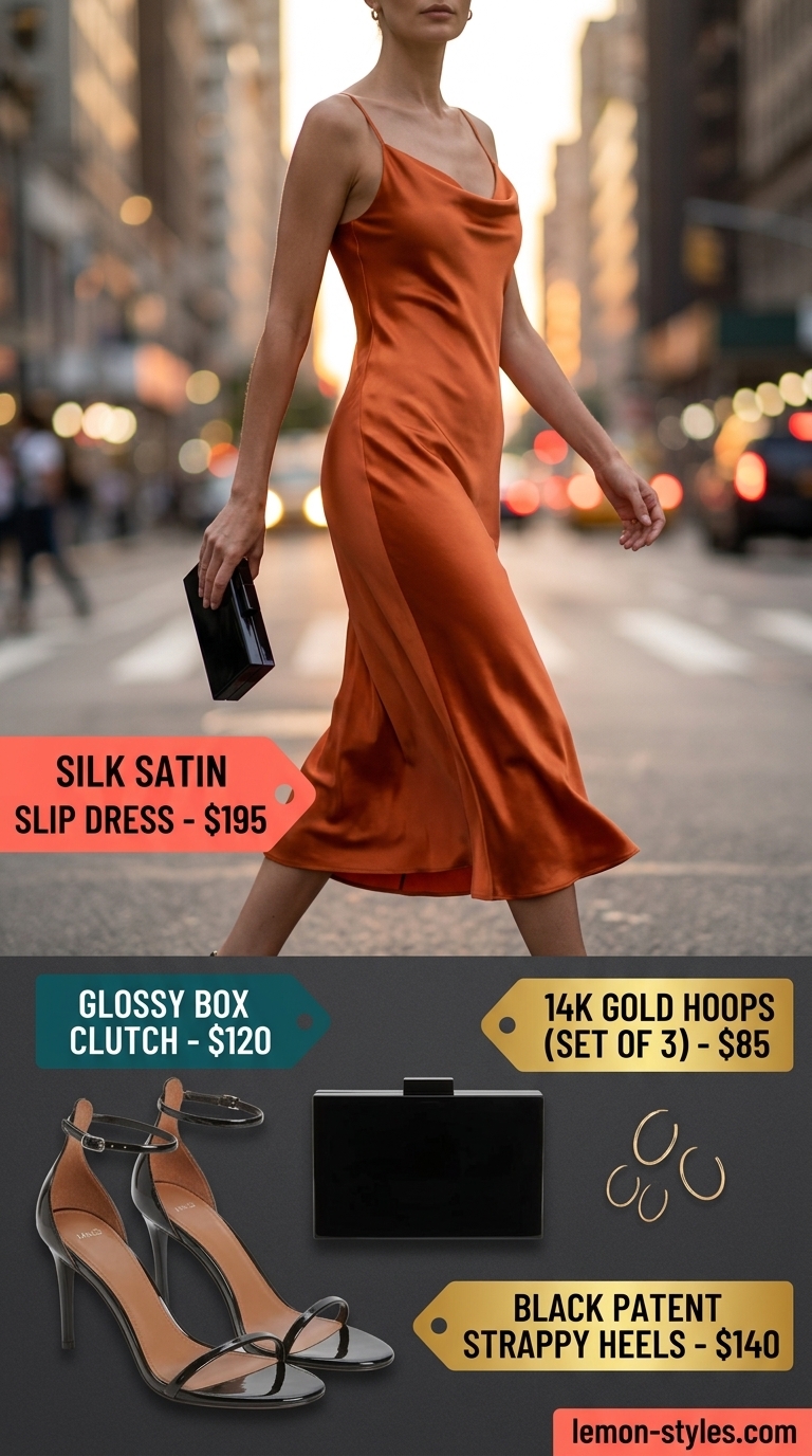 Coral satin slip dress with black heels and gold jewelry for cool hot weather summer outfits for women 2026.