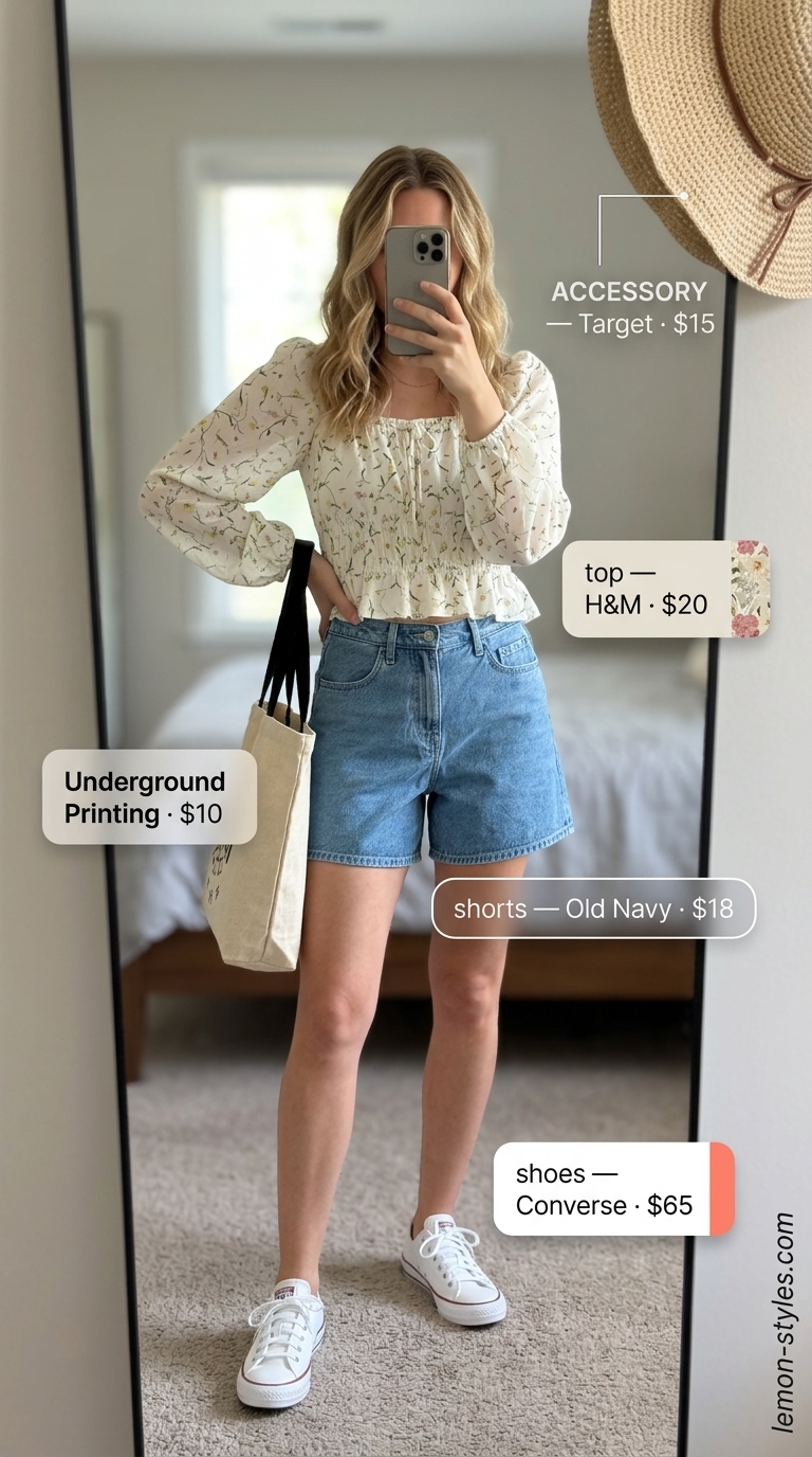 Denim shorts with floral peasant blouse, straw hat, and canvas tote for cool hot weather summer outfits for women 2026.