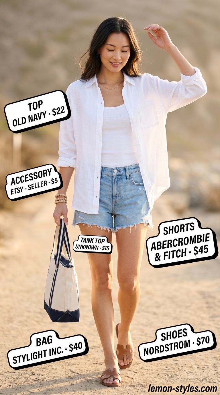 Denim shorts with oversized linen shirt, slide sandals, and canvas tote for cool hot weather summer outfits for women 2026.