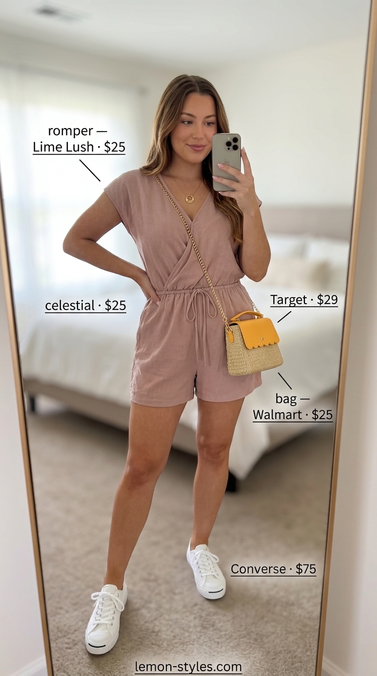 Cool hot weather summer outfits for women 2026: Blush pink linen romper, straw bag, and sneakers for a casual day out.