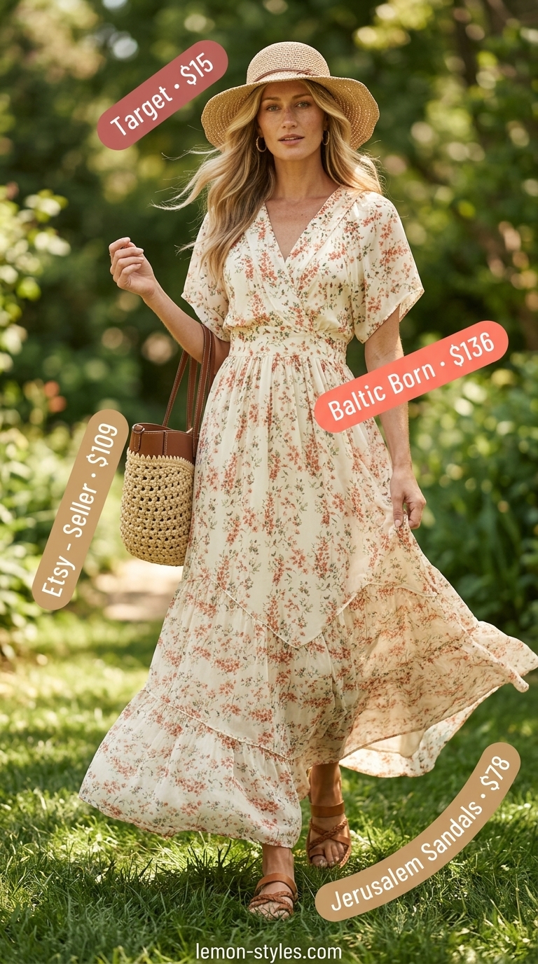 Multicolor floral maxi dress with tan sandals and straw hat for cool hot weather summer outfits for women 2026.