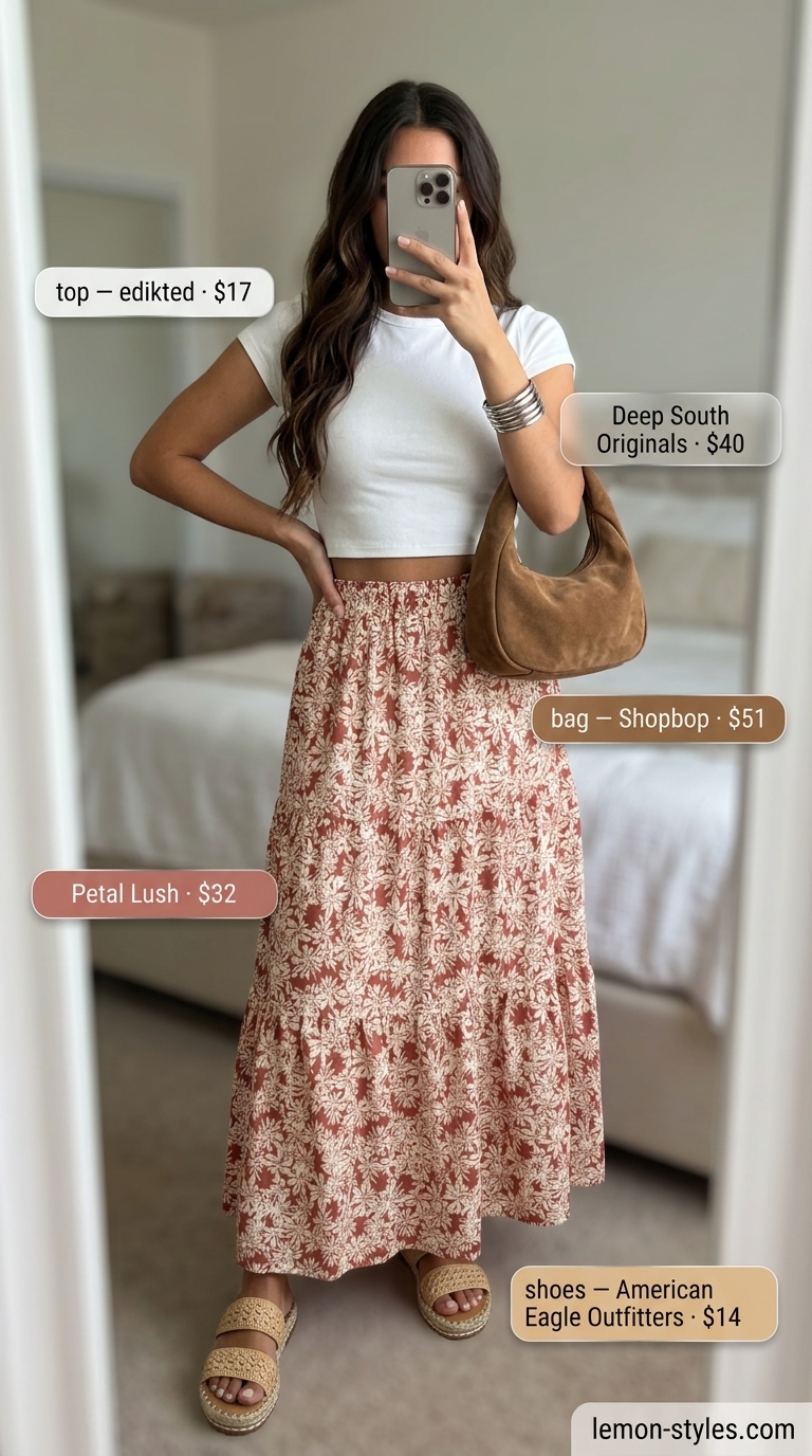 Multicolor floral maxi skirt with white cropped tee and espadrilles for cool hot weather summer outfits for women 2026.