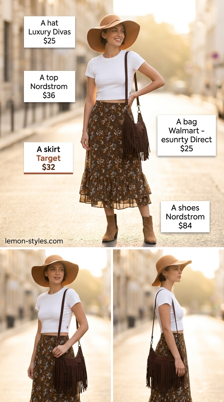 Boho floral midi skirt outfit for women 2026: Crop top, suede boots, felt hat, fringe bag. Ideal for festivals.