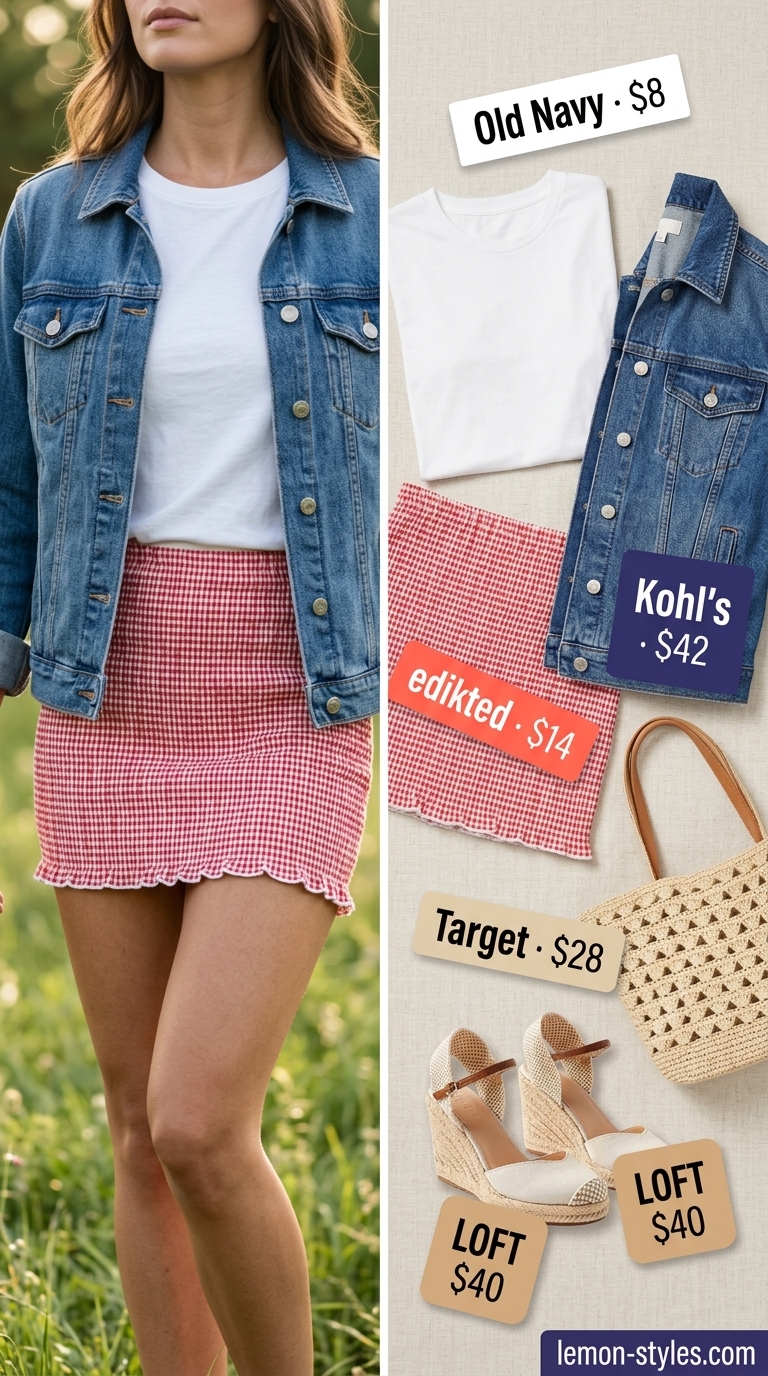 Red gingham mini skirt outfit for women 2026: T-shirt, denim jacket, espadrilles, straw tote. Perfect for picnics.