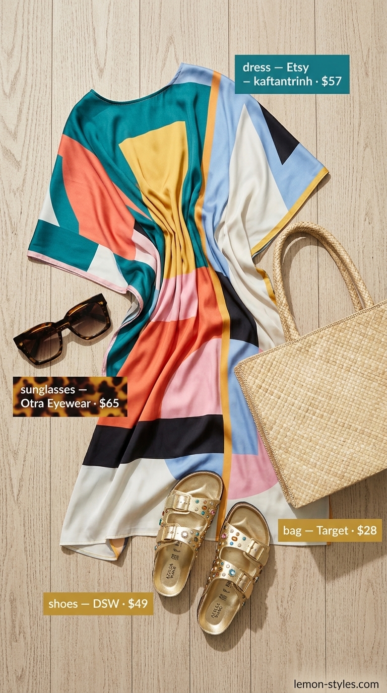 Teal coral abstract print kaftan dress outfit for women 2026: Embellished sandals, straw tote, hat, sunglasses.