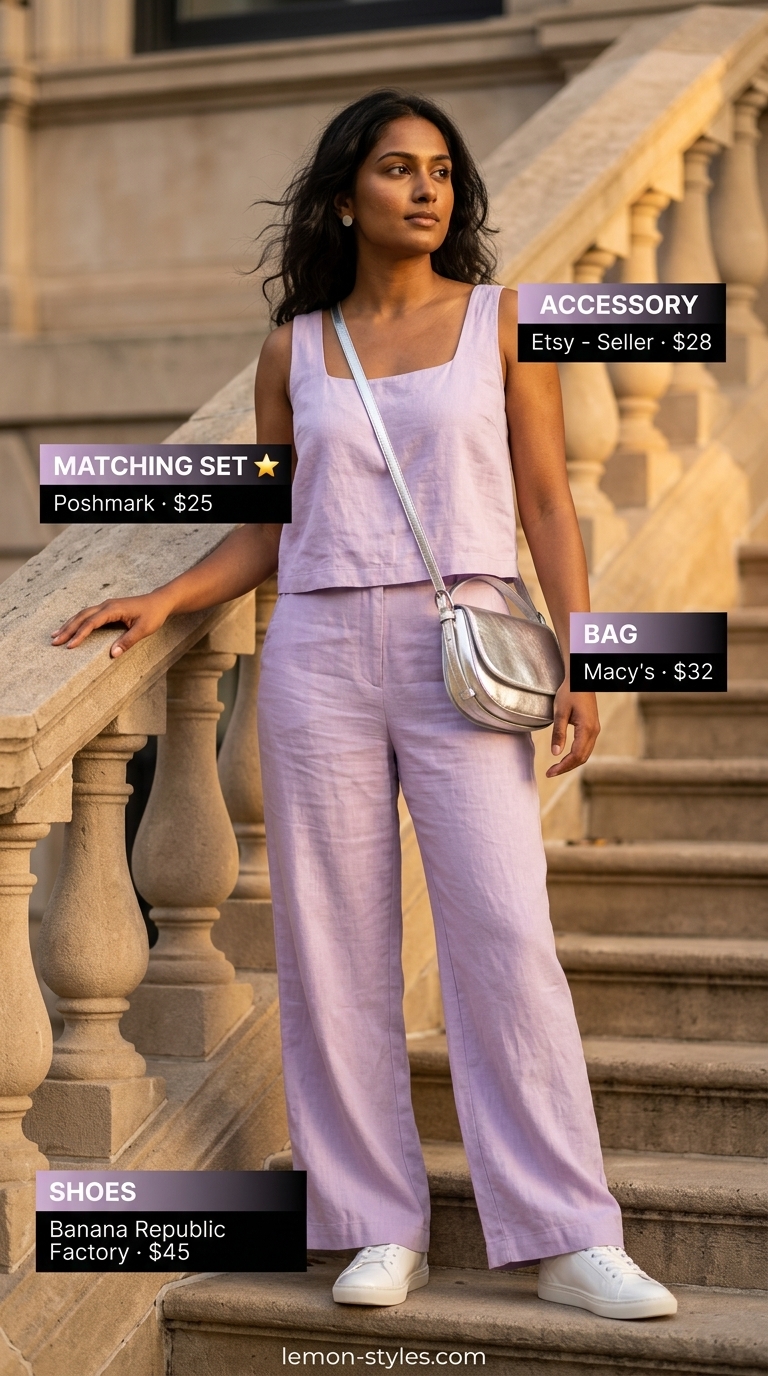 Lavender linen co-ord set with white sneakers and silver crossbody for cool hot weather summer outfits for women 2026.