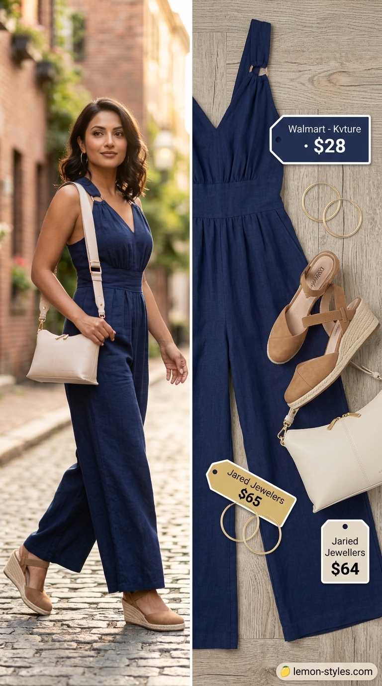 Navy blue linen jumpsuit outfit for women 2026: Crossbody bag, espadrille wedges, hoop earrings. Chic travel style.