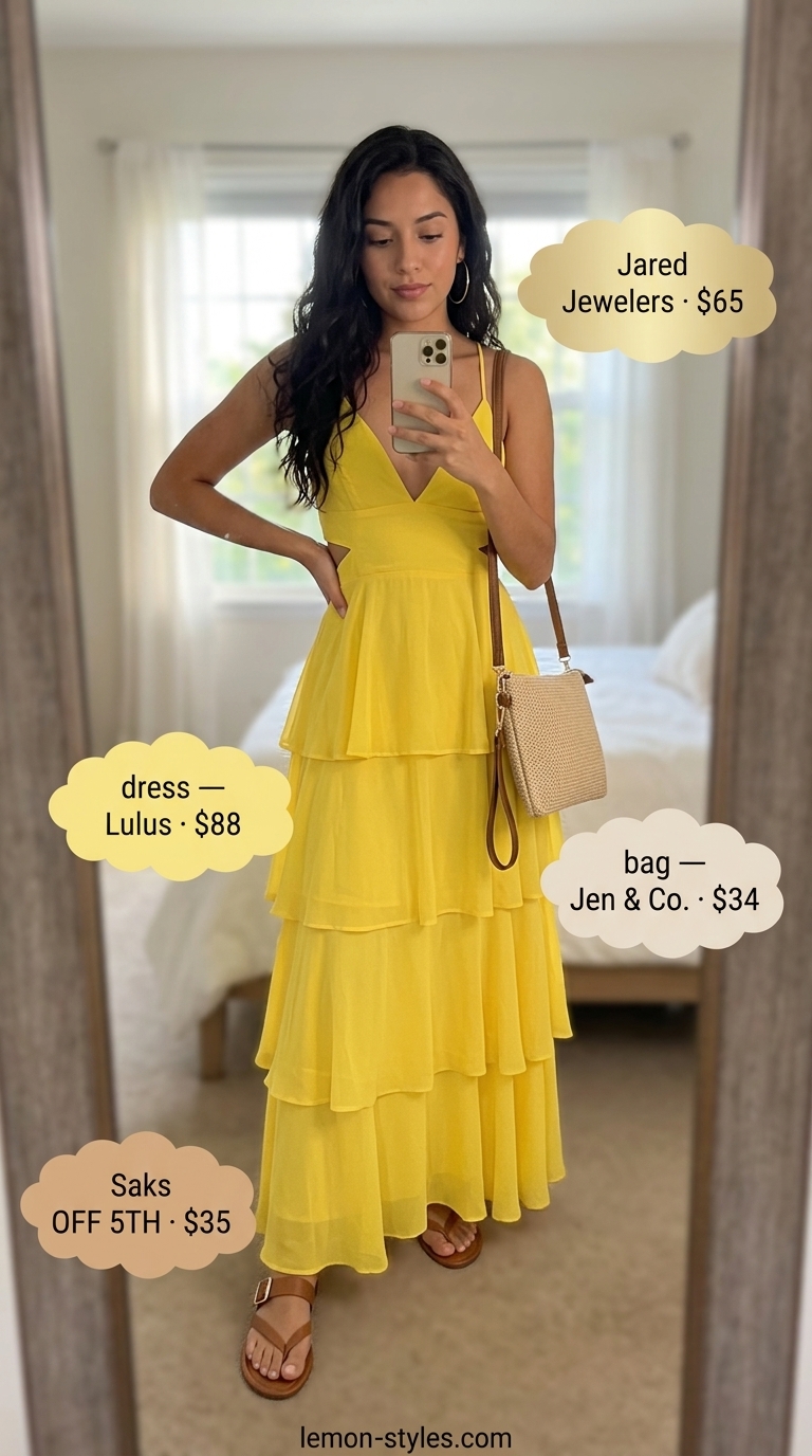 Golden yellow maxi dress outfit for women 2026: Slide sandals, hoop earrings, crossbody bag. Elegant summer style.