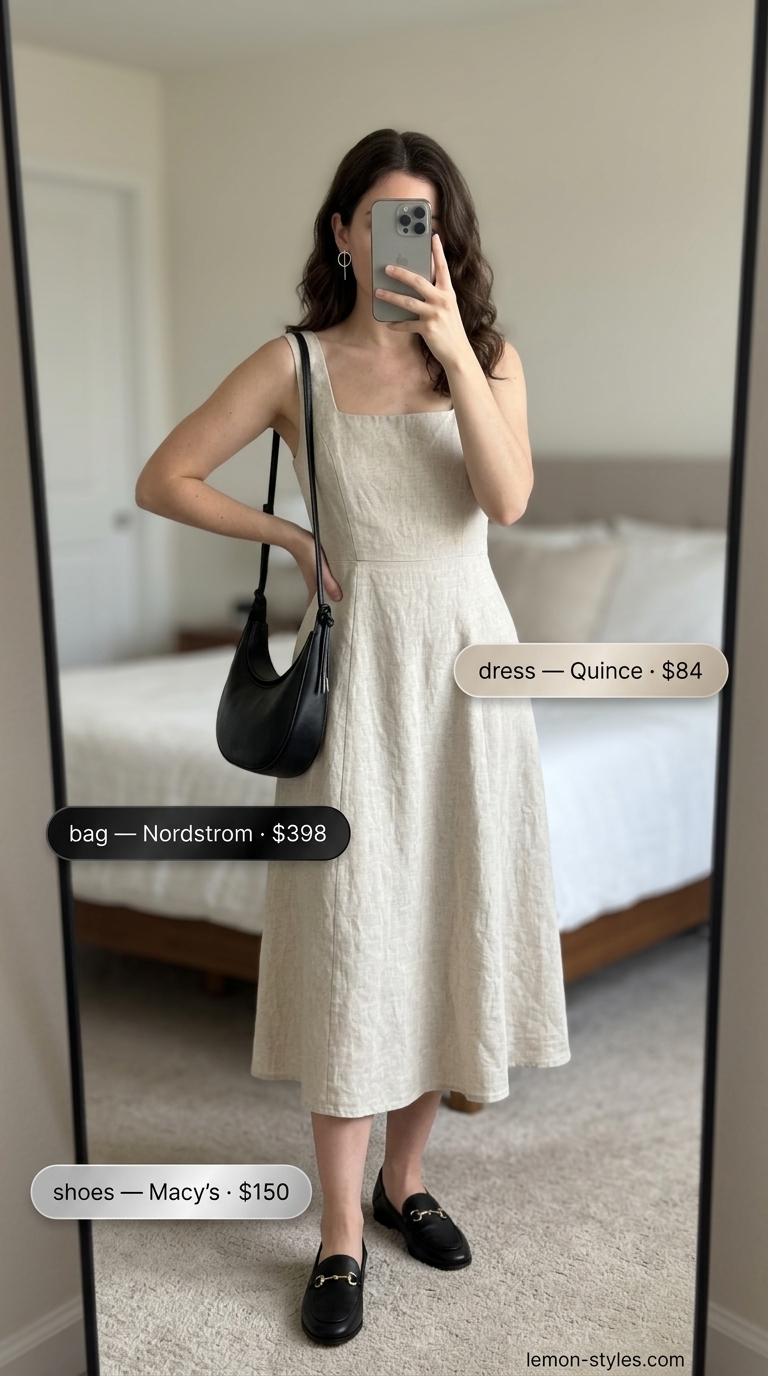 Cool hot weather summer outfits for women 2026: Stone beige midi dress, black loafers, and silver earrings for a minimalist look.