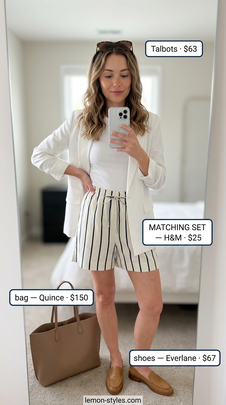 Cool hot weather summer outfits for women 2026: Navy & white stripe linen set, loafers, and tote bag for a preppy vacation look.