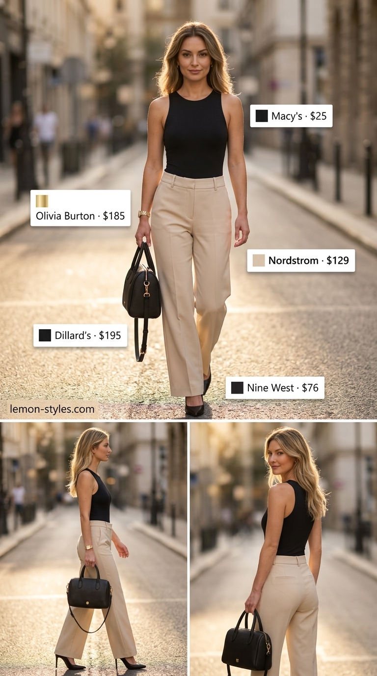 Cool hot weather summer outfits for women 2026: Beige wide-leg trousers, black bodysuit, pumps, and satchel for office wear.
