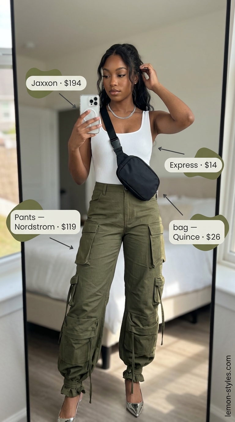 Olive green cargo pants with white bodysuit and black belt bag for cool hot weather summer outfits for women 2026.