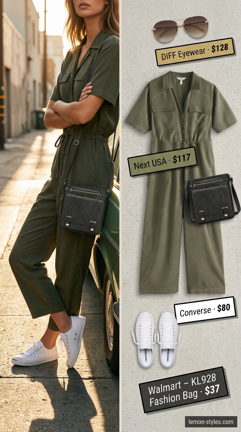 Olive green utility jumpsuit with white sneakers and aviator sunglasses for cool hot weather summer outfits for women 2026.