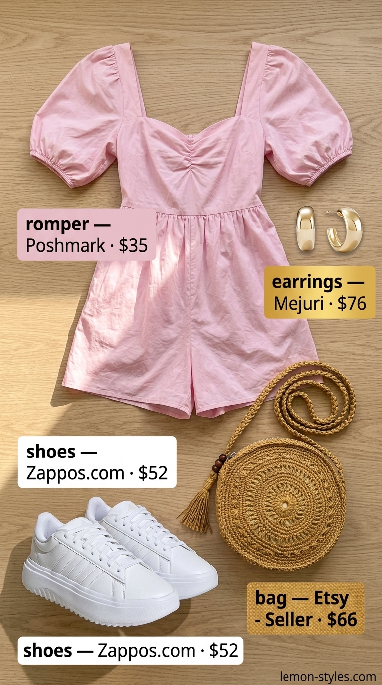 Cool hot weather summer outfits for women 2026: Blush pink puff-sleeve romper, platform sneakers, and raffia bag for a playful look.