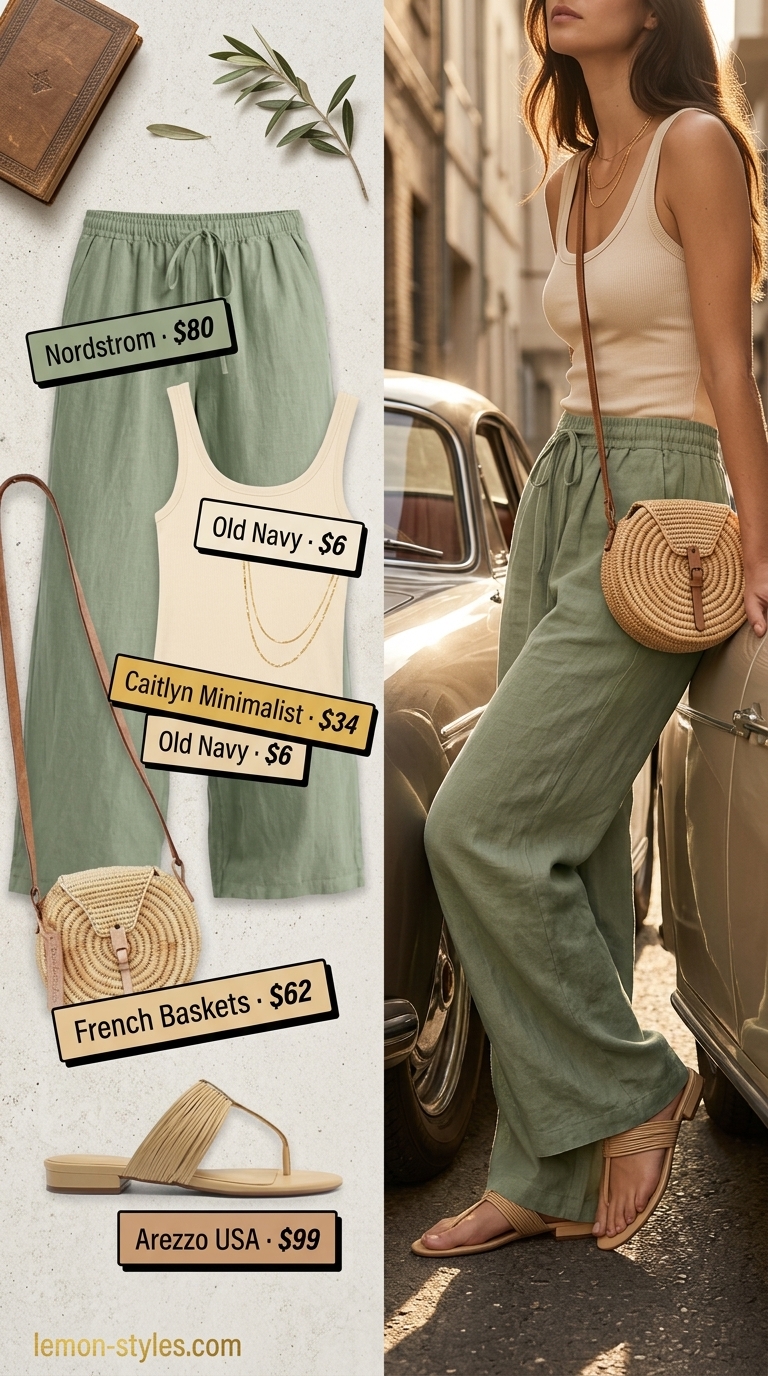 Sage green linen pants with cream tank top and tan sandals for cool hot weather summer outfits for women 2026.