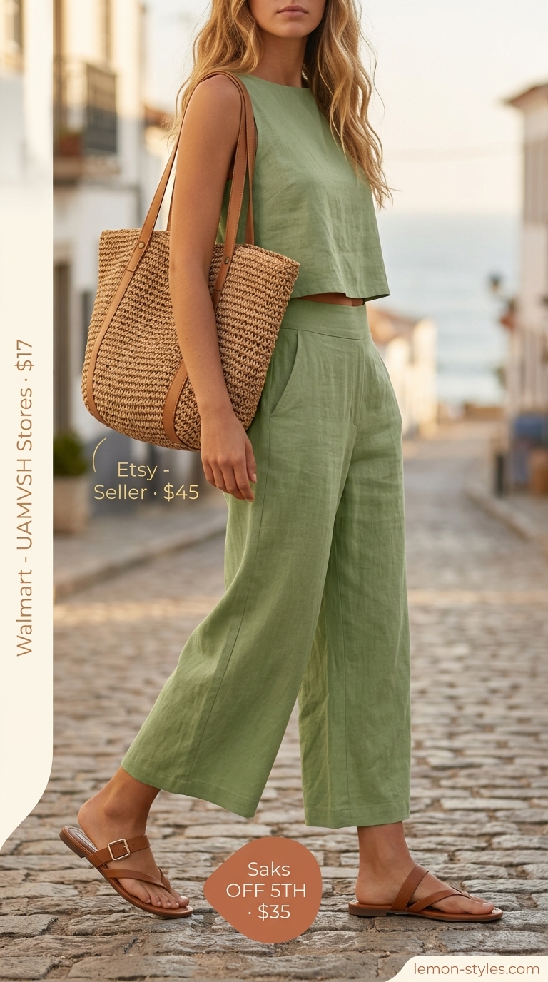 Sage green linen set with flat sandals and straw tote for cool hot weather summer outfits for women 2026.
