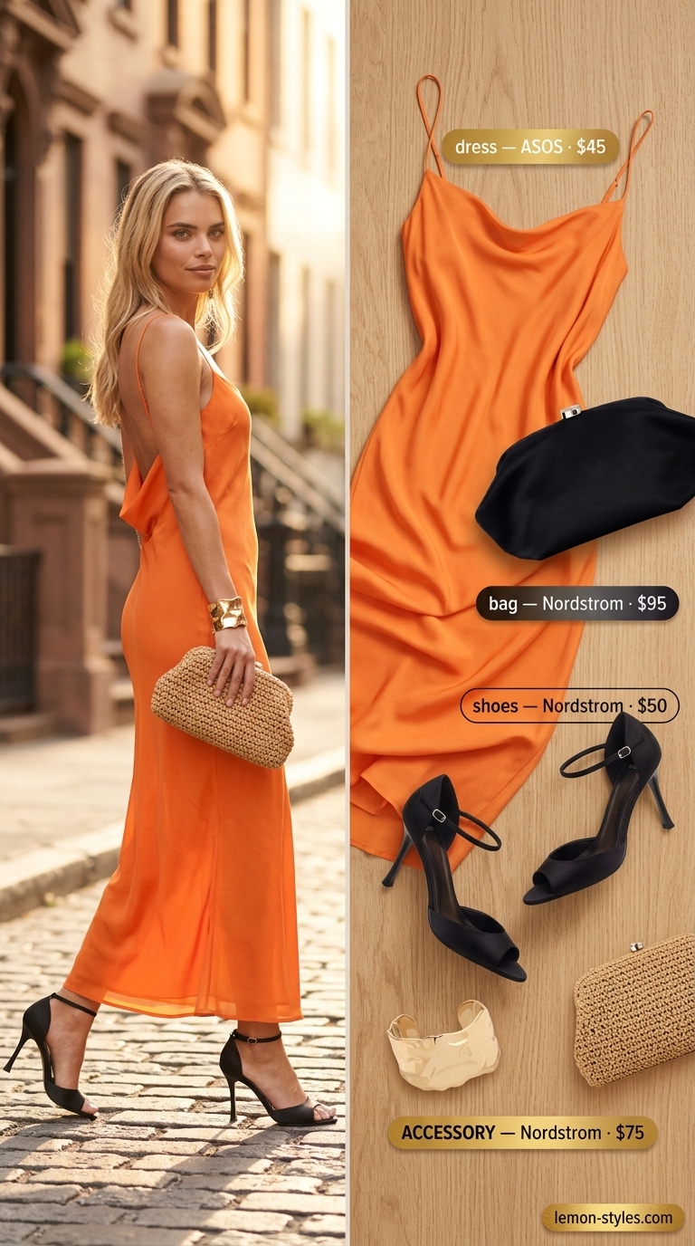 Sunset orange slip dress outfit for women 2026: Strappy heels, clutch, cuff bracelet. Perfect for date night.