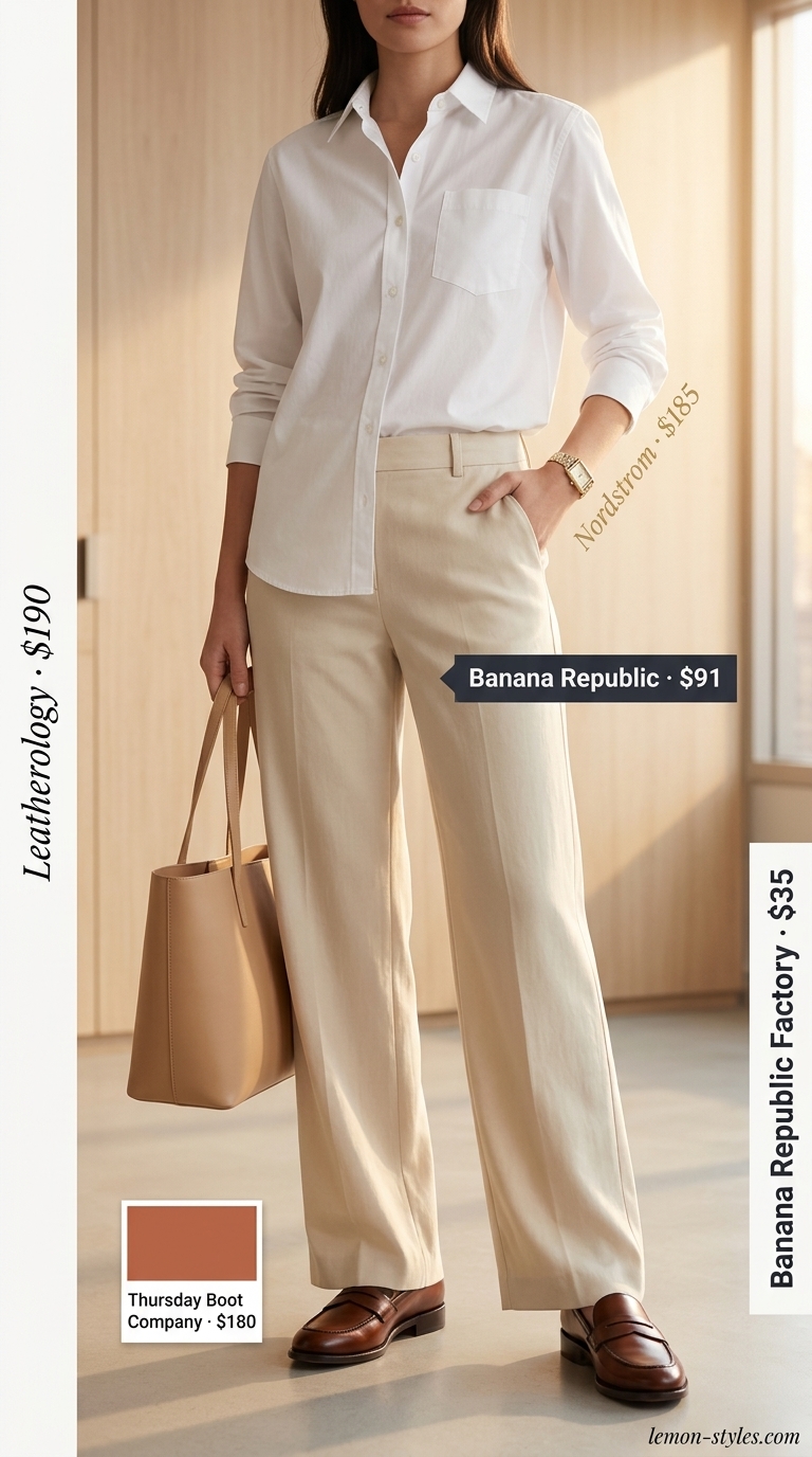 Cool hot weather summer outfits for women 2026: Wide-leg trousers, button-down shirt, loafers, and tote bag for office wear.