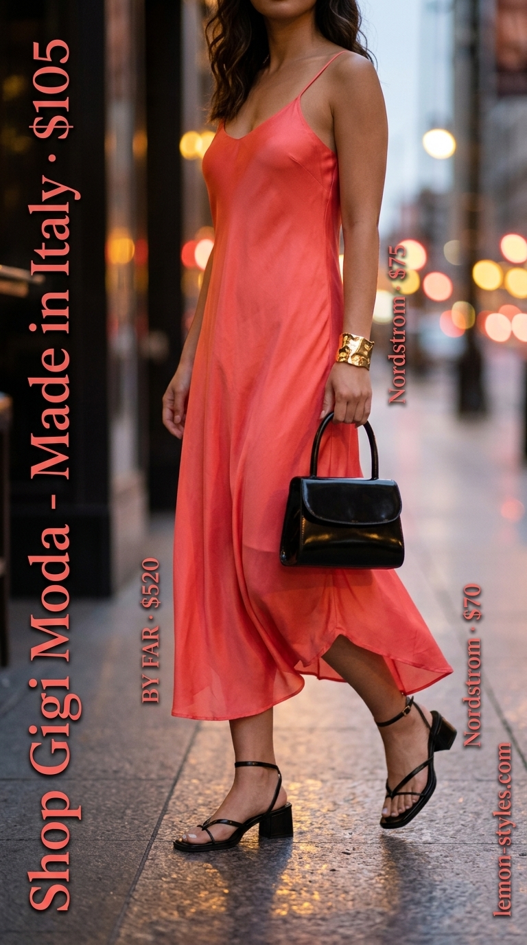 Cool hot weather summer outfits for women 2026: Coral slip dress, black heels, and gold accessories for an evening out.