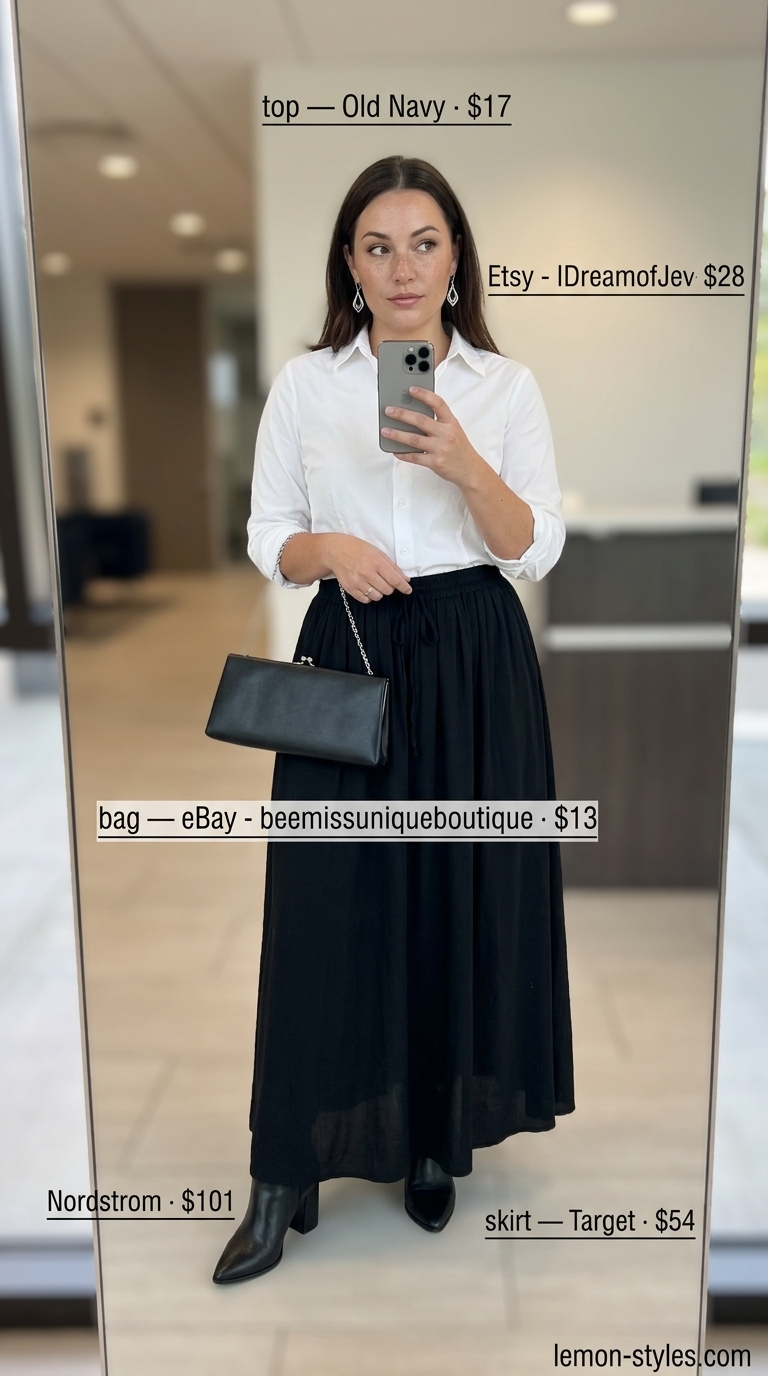 Monochrome Maxi: Cool Summer Office Outfits for Women 2026 Cool summer office outfits for women 2026: Black maxi skirt, white fitted shirt for creative offices.