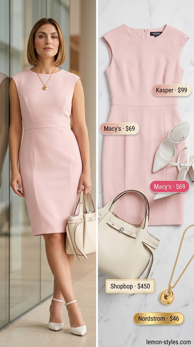 Power Sheath: Cool Summer Office Outfits for Women 2026 Cool summer office outfits for women 2026: Blush pink sheath dress, cream pumps for client meetings.