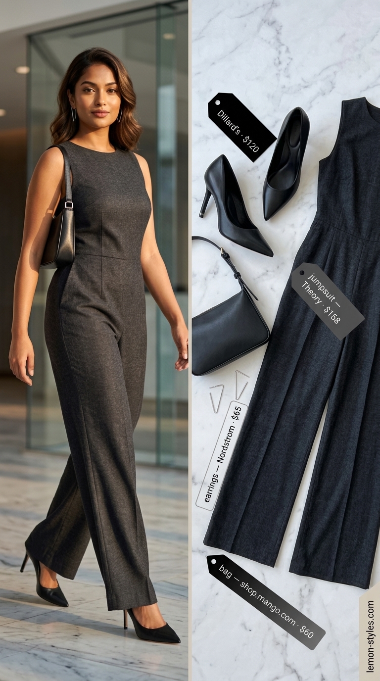 Cool Summer Office Outfits 2026: Charcoal Jumpsuit Chic Cool summer office outfits for women 2026: Charcoal grey jumpsuit, black cardigan, and pumps for a sophisticated look.