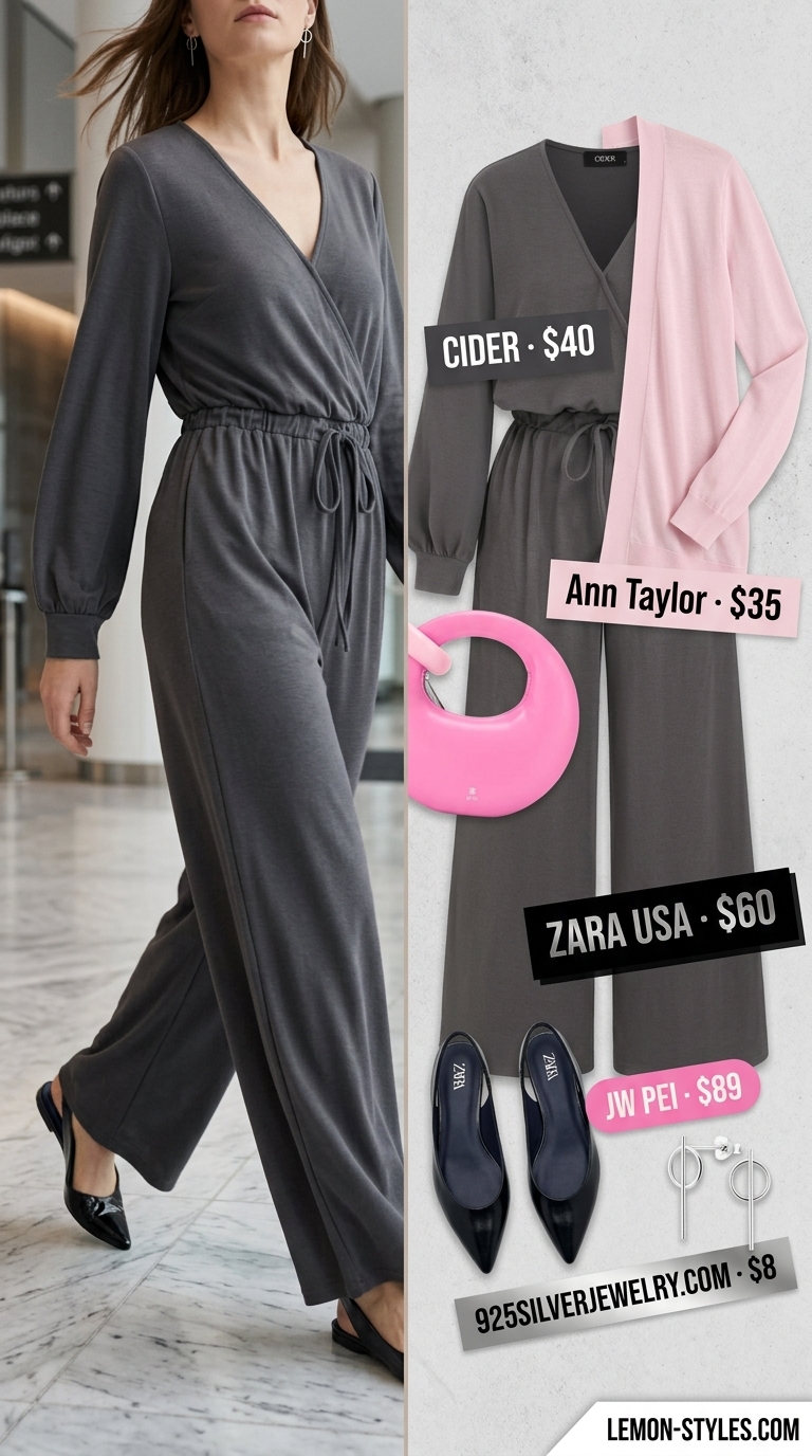 Charcoal Jumpsuit: Cool Summer Office Outfits 2026 Charcoal gray jumpsuit for cool summer office outfits for women 2026. Modern for casual Friday & business travel.