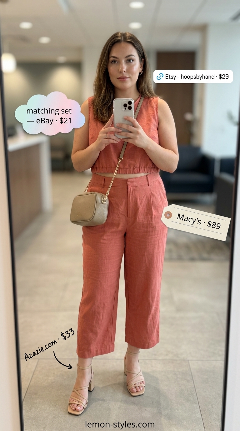 Coral Co-ord: Cool Summer Office Outfits for Women 2026 Cool summer office outfits for women 2026: Coral wide-leg pants, crop top set for fashion-forward offices.