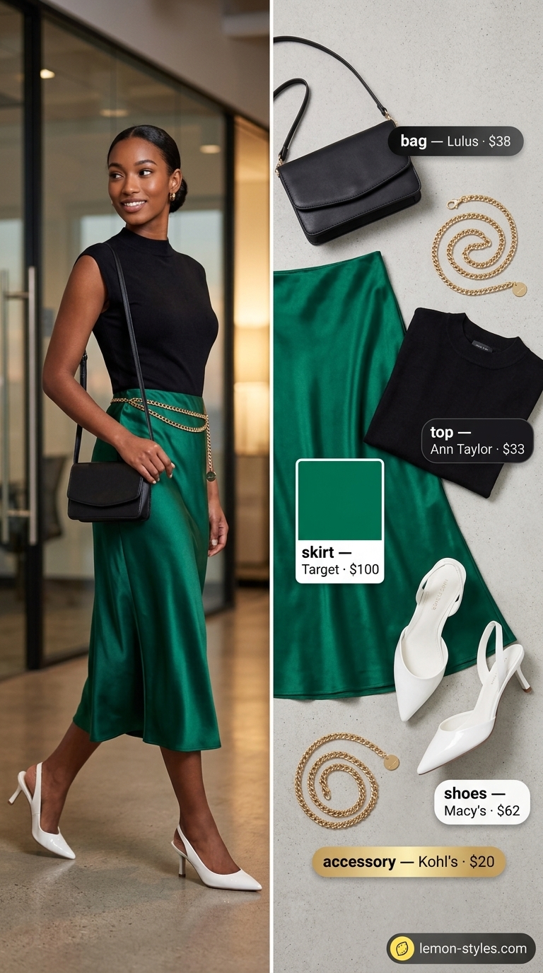 Emerald Elegance: Cool Summer Office Outfits for Women 2026 Cool summer office outfits for women 2026: Emerald green midi skirt, black mock neck top for creative work.