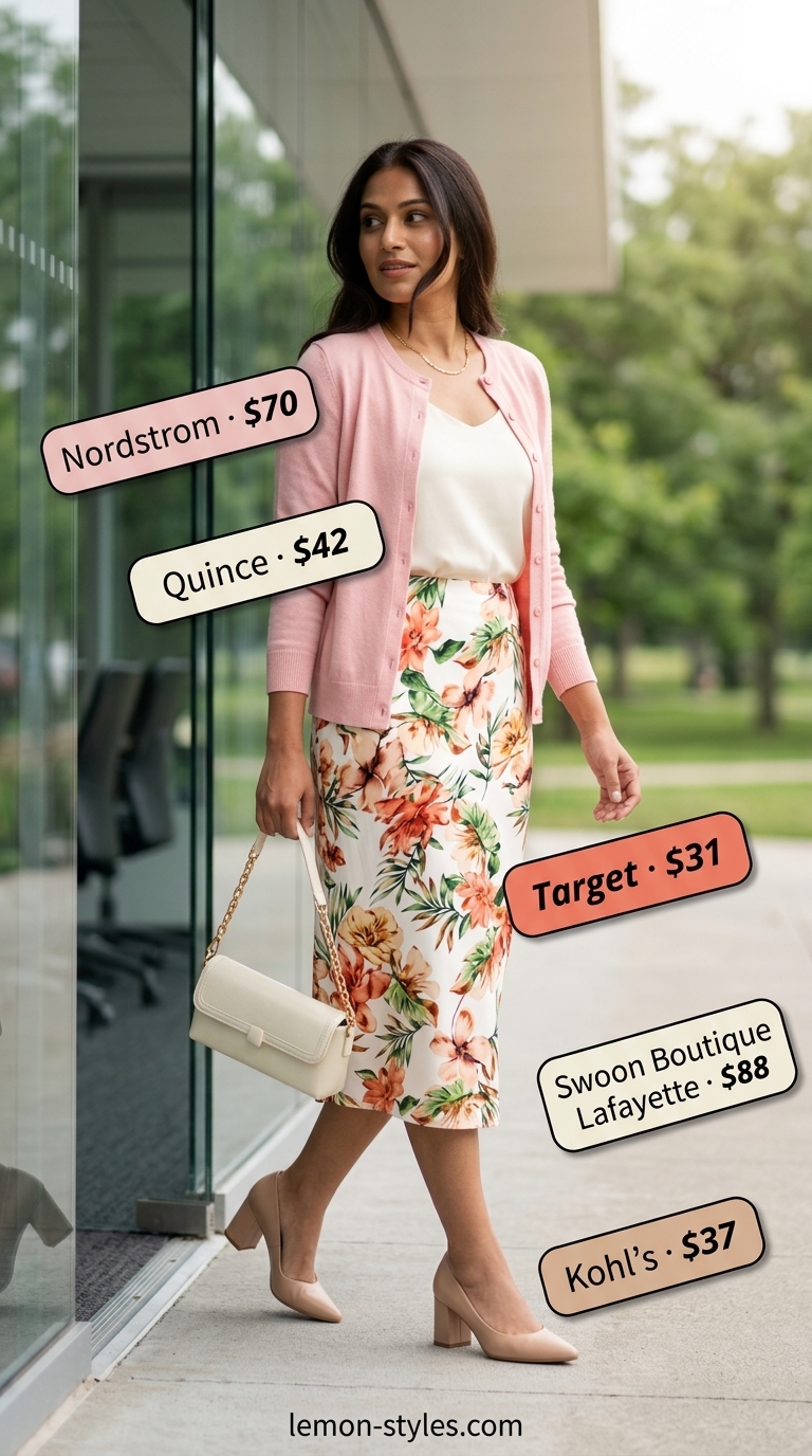 Floral Midi Skirt: Cool Summer Office Outfits 2026 Pastel floral midi skirt for cool summer office outfits for women 2026. Elegant for everyday wear & team events.