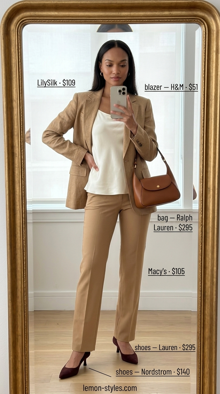Executive Edge: Cool Summer Office Outfits for Women 2026 Cool summer office outfits for women 2026: Ivory linen blazer, camel trousers, silk cami for executive meetings.