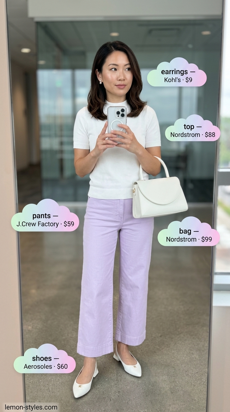 Cool Summer Office Outfits 2026: Lavender Dream Cool summer office outfits for women 2026: Lavender linen pants, white knit top, and ballet flats for a serene look.
