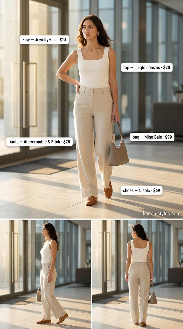 Cool Summer Office Outfits 2026: Linen Luxe Minimalist Cool summer office outfits for women 2026: Beige linen pants, off-white knit top, and leather loafers for a minimalist vibe.