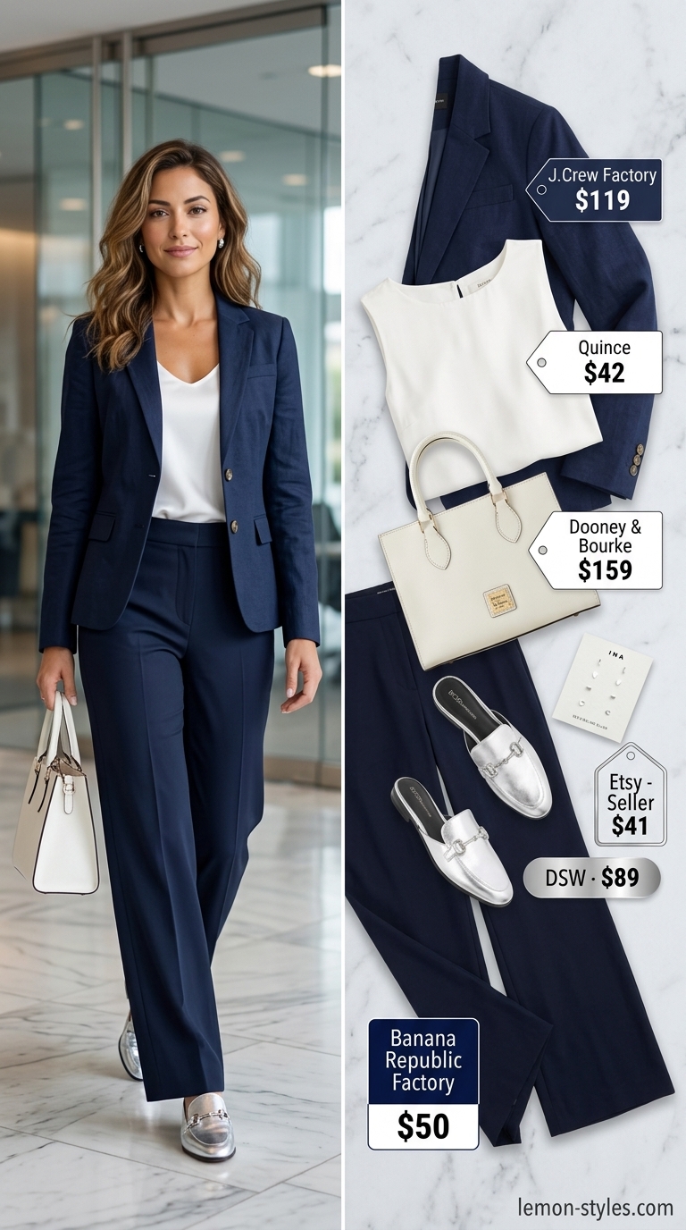 Navy Power Play: Cool Summer Office Outfits for Women 2026 Cool summer office outfits for women 2026: Navy wide-leg trousers, white shell top, relaxed blazer for meetings.