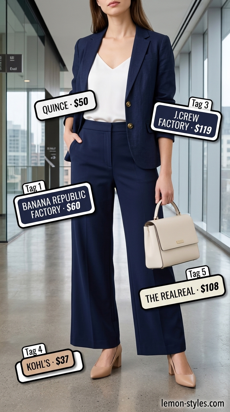 Navy Trousers: Cool Summer Office Outfits 2026 Navy wide-leg trousers for cool summer office outfits for women 2026. Sleek for board meetings & professional events.