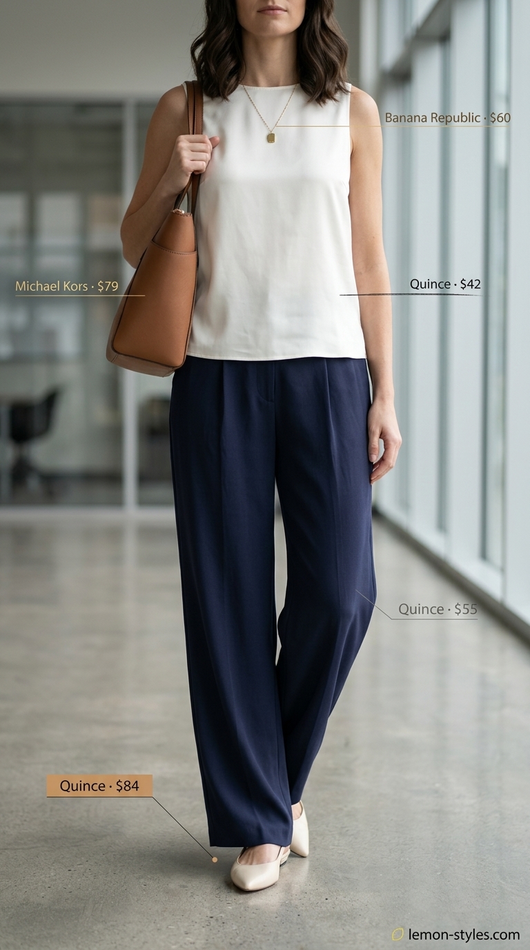 Navy Trousers: Cool Summer Office Outfits 2026 Navy wide-leg trousers for cool summer office outfits for women 2026. Polished for client meetings & business casual.