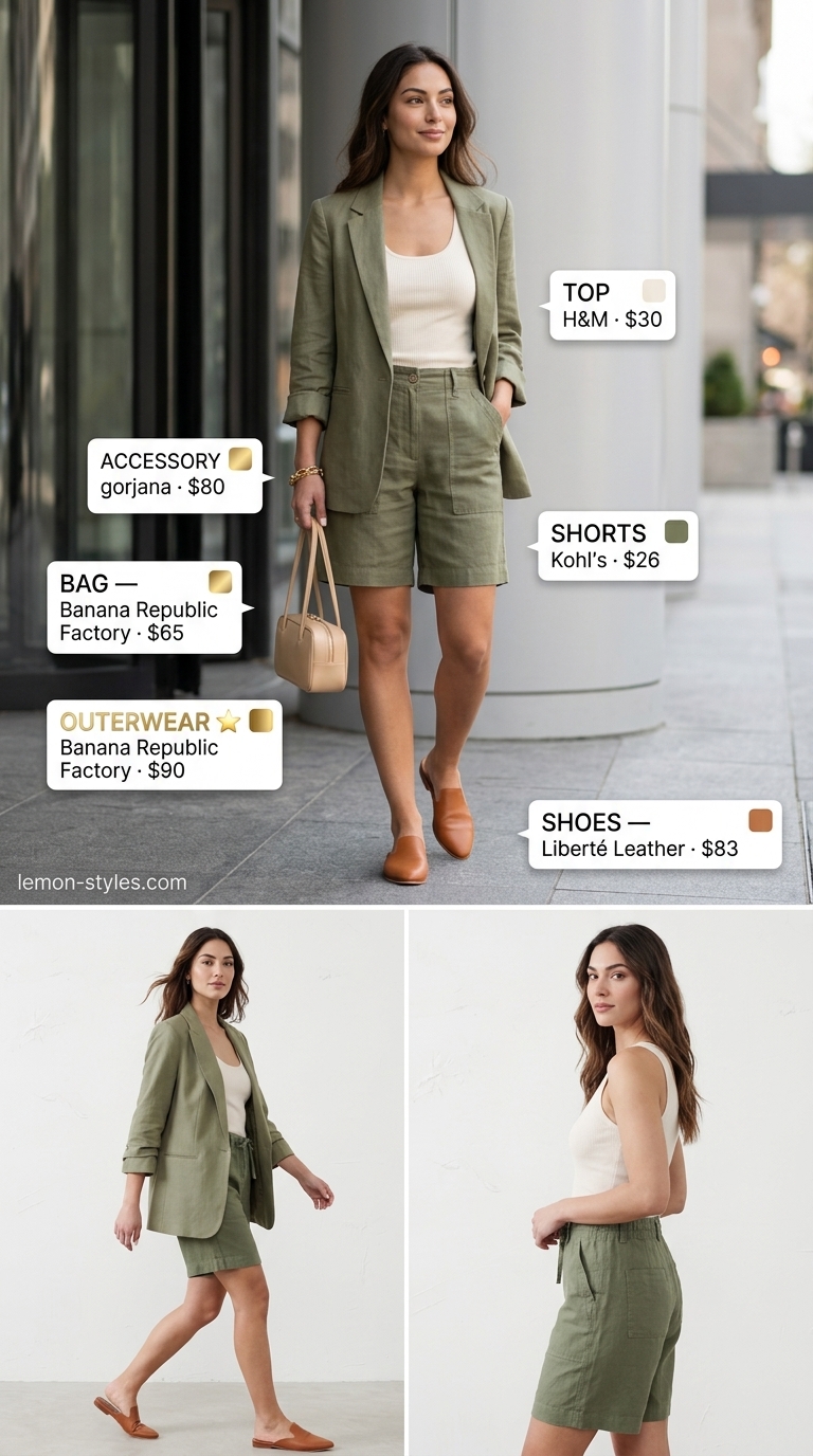 Cool Summer Office Outfits 2026: Olive Bermuda Blazer Cool summer office outfits for women 2026: Olive green Bermuda shorts, cream blazer, and camisole for a chic look.