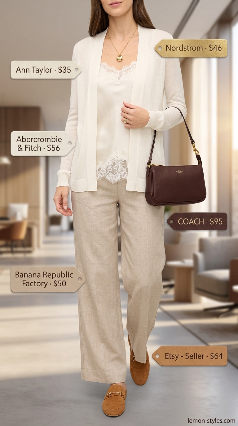Cool Summer Office Outfits 2026: Relaxed Executive Cool summer office outfits for women 2026: Olive green wide-leg pants, cream camisole, and cardigan for a relaxed executive look.