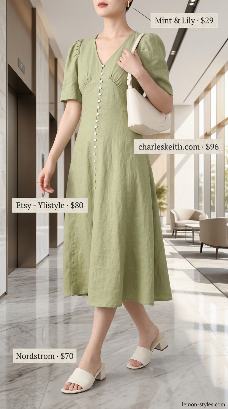 Soft Daydream: Cool Summer Office Outfits for Women 2026 Cool summer office outfits for women 2026: Sage green linen midi dress, cream mules for formal office days.