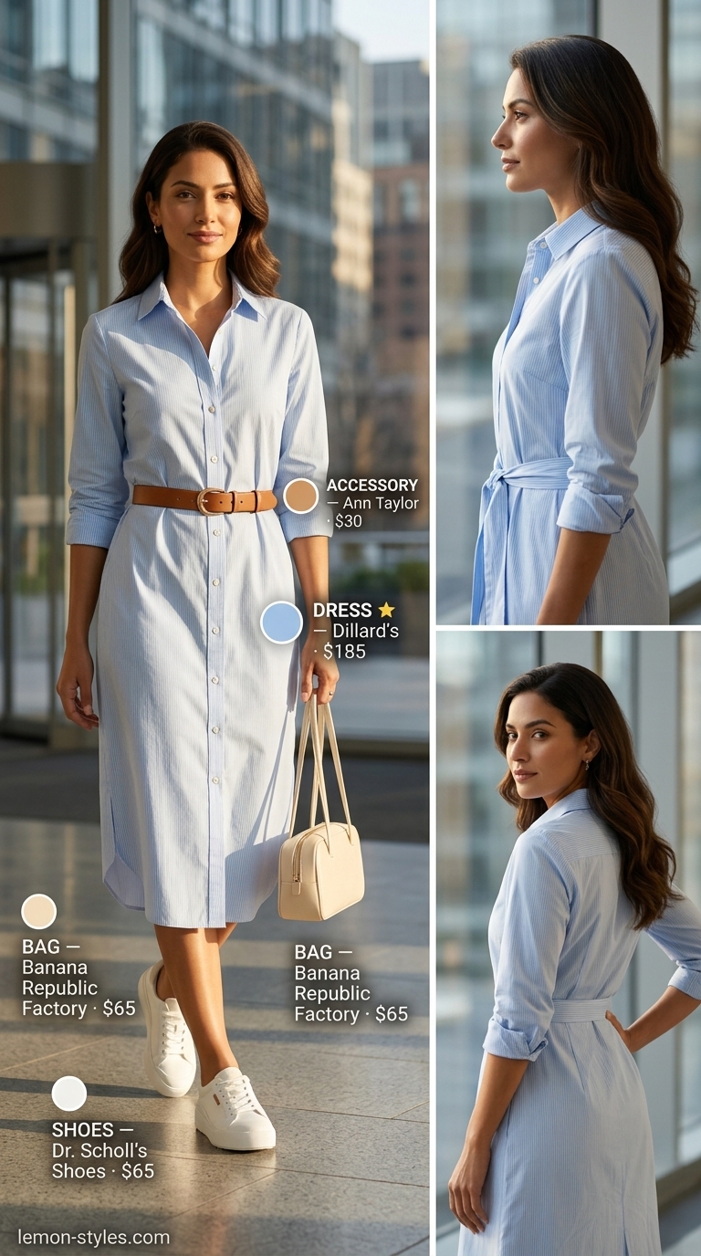Cool Summer Office Outfits 2026: Sky Blue Shirtdress Cool summer office outfits for women 2026: Sky blue shirtdress, white sneakers, and tan belt for a fresh, polished look.